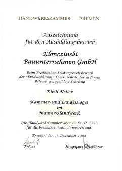 Klonczinski Bauunternehmen: Auszeichnung zum Ausbildungsbetrieb 2004 Klonczinski: Auszeichnung zum Ausbildungsbetrieb 2004