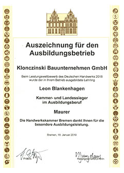 Klonczinski Bauunternehmen: Auszeichnung zum Ausbildungsbetrieb 2019 Klonczinski: Auszeichnung zum Ausbildungsbetrieb 2019